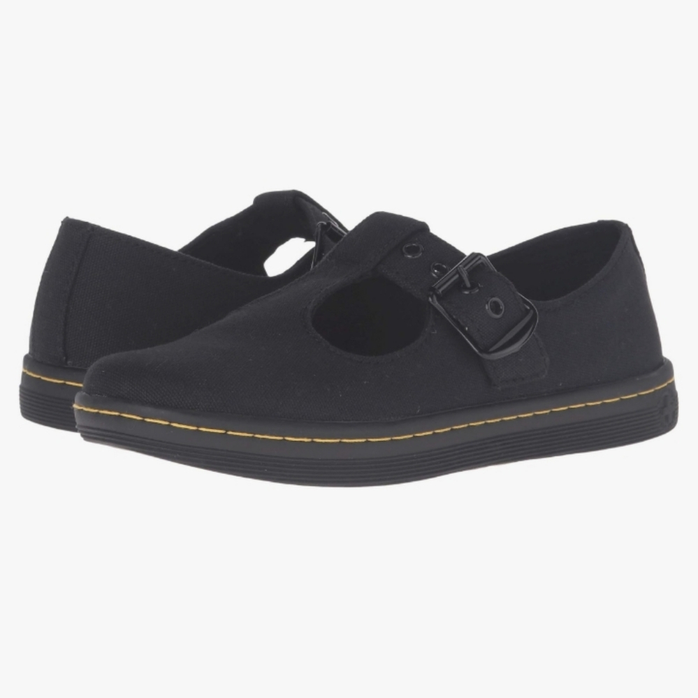 Dr. Martens Black Canvas Mary Jane Flats with Yellow Stitching